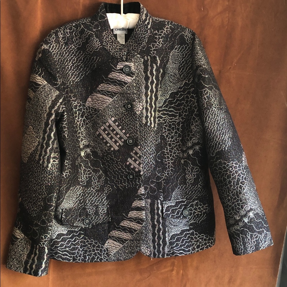 Chico's Black and Gray Abstract Patchwork Blazer
